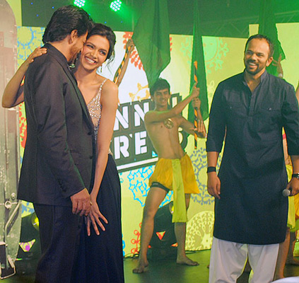 Deepika Padukone with Shahrukh Khan and Rohit Shetty