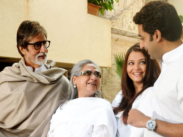 Amitabh Bachahan accompanied by wife Jaya and son Abhishek with wife Aishwarya Rai Bachchan during the press conference in Mumbai