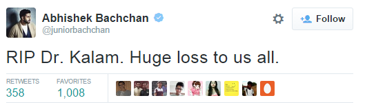 Abhishek Bachchan mourned the death of Dr APJ Abdul Kalam on twitter.