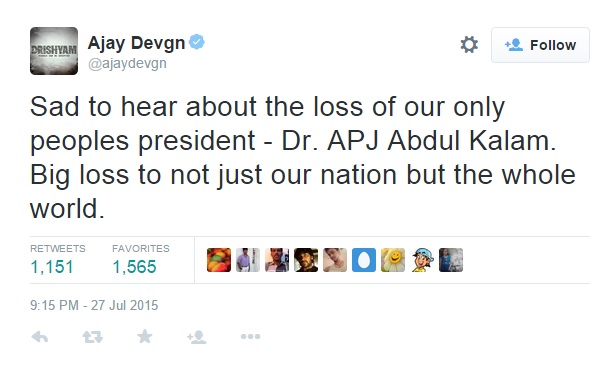 Ajay Devgn mourned the death of Dr APJ Abdul Kalam on twitter.