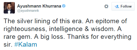 Ayushmann Khurrana mourned the death of Dr APJ Abdul Kalam on twitter.