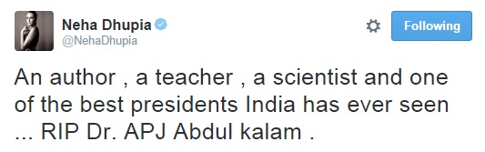 Neha Dhupia mourned the death of Dr APJ Abdul Kalam on twitter.