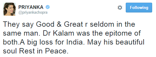 Priyanka Chopra mourned the death of Dr APJ Abdul Kalam on twitter.