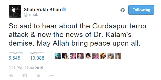 Shah Rukh Khan mourned the death of Dr APJ Abdul Kalam on twitter.