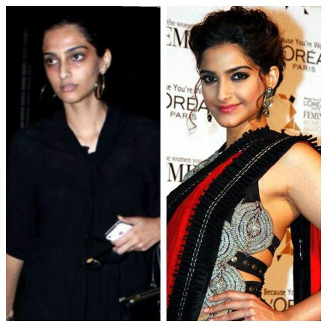 Sonam Kapoor before and after make up.