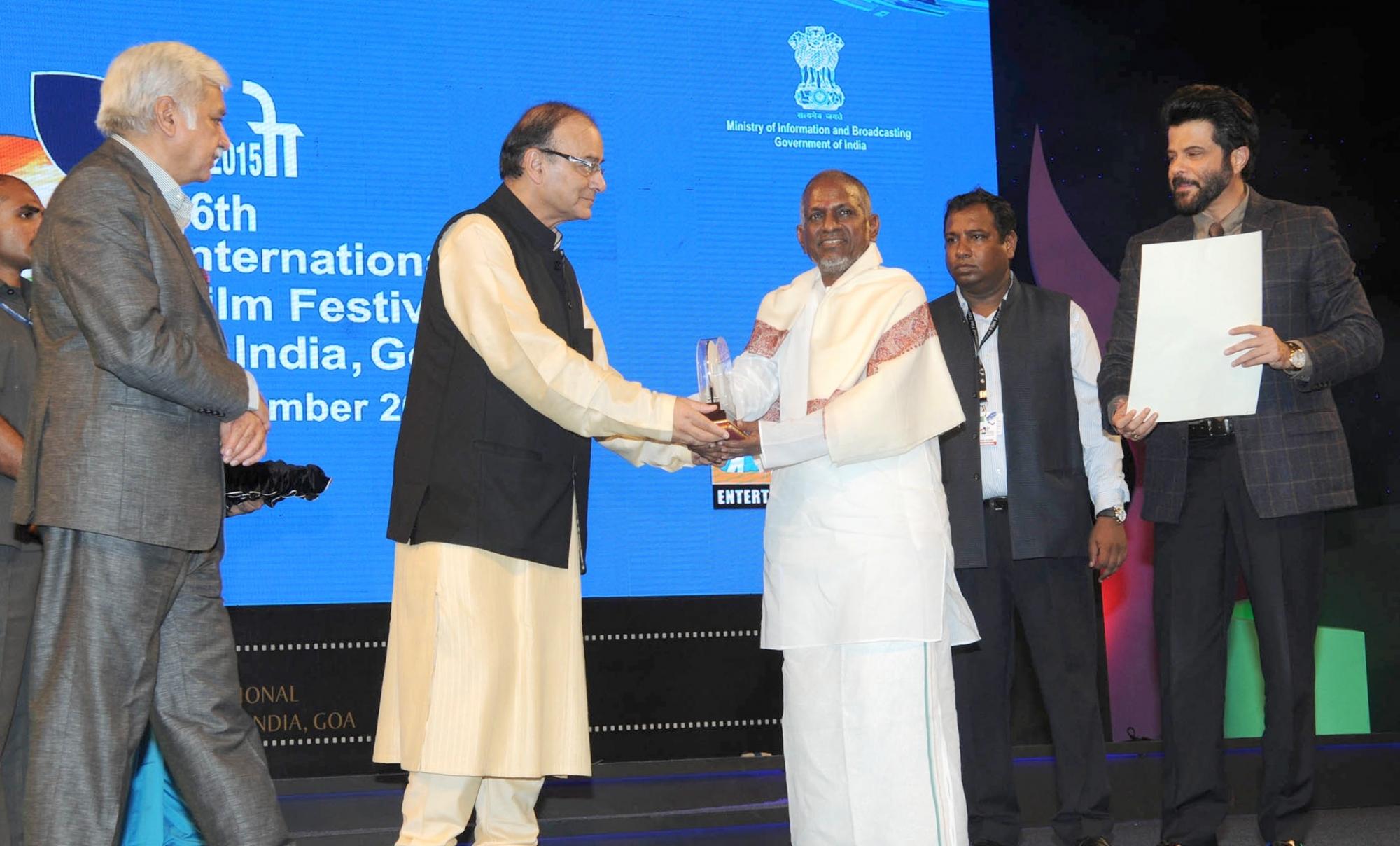 Union Minister for Finance, Corporate Affairs and Information & Broadcasting, Arun Jaitley , Music Maestro Ilayaraja, Chief Guest actor Anil Kapoor and the Secretary, Ministry of Information and Broadcasting, Sunil Arora.