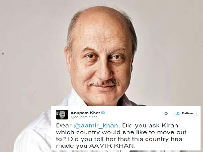 Anupam Kher responds to Aamir Khan's statement on Intolerance.