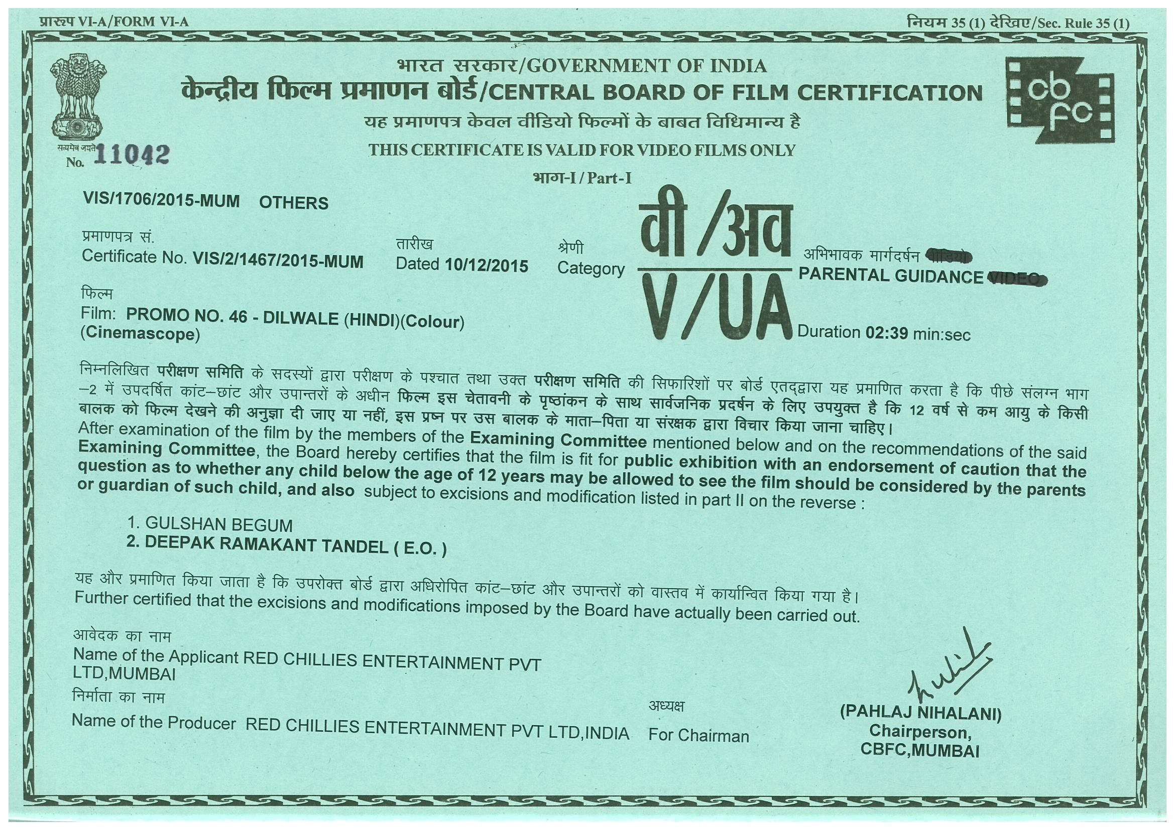 Dilwale Trailer Censor Certificate