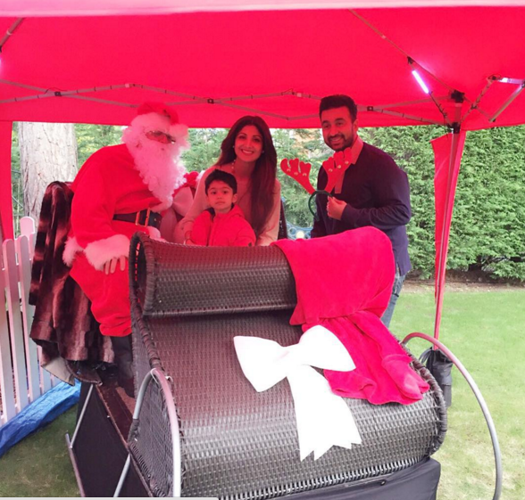 Shilpa Shetty son Viaan and hubby Raj Kundra with Santa Clause