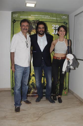 Rajkummar Hirani, R Madhavan and Kangana Ranaut at Saala Khadoos screening
