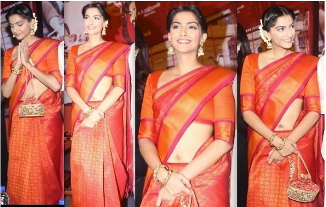 Looking every bit a South beauty, Sonam Kapoor