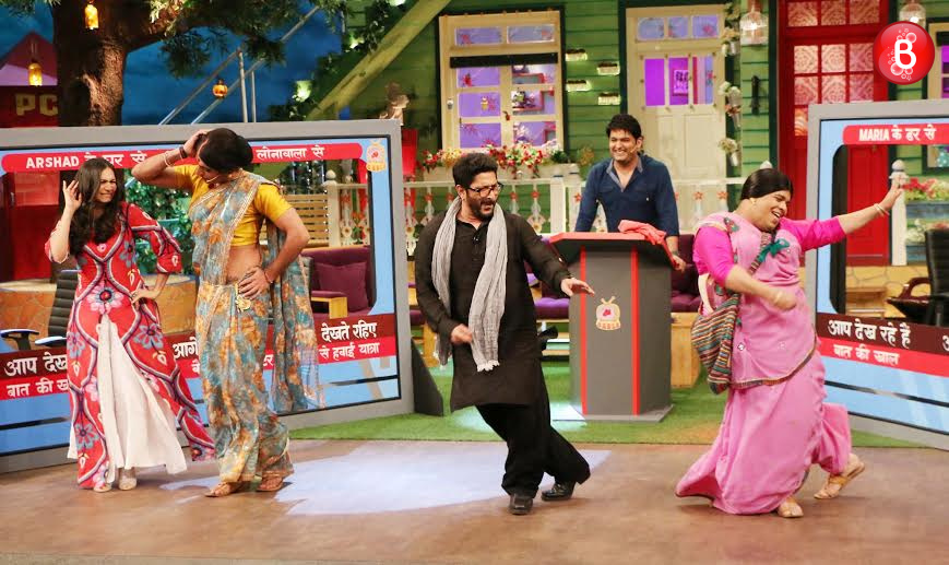 Arshad Warsi and Maria Goretti dancing with co-actors from The Kapil Sharma Show
