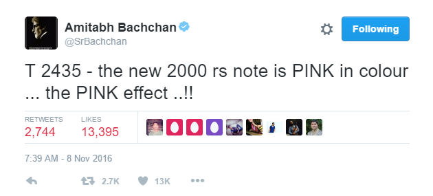 Amitabh Bachchan reaction to the new 2000 rupee note