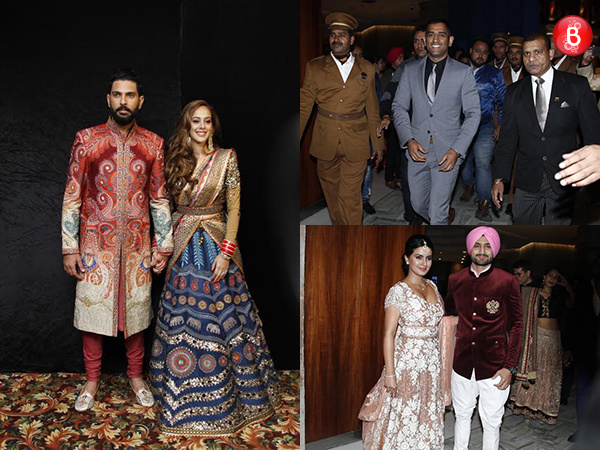 Mahendra Singh Dhoni and Harbhajan Singh at Yuvraj Singh and Hazel Keech's wedding reception
