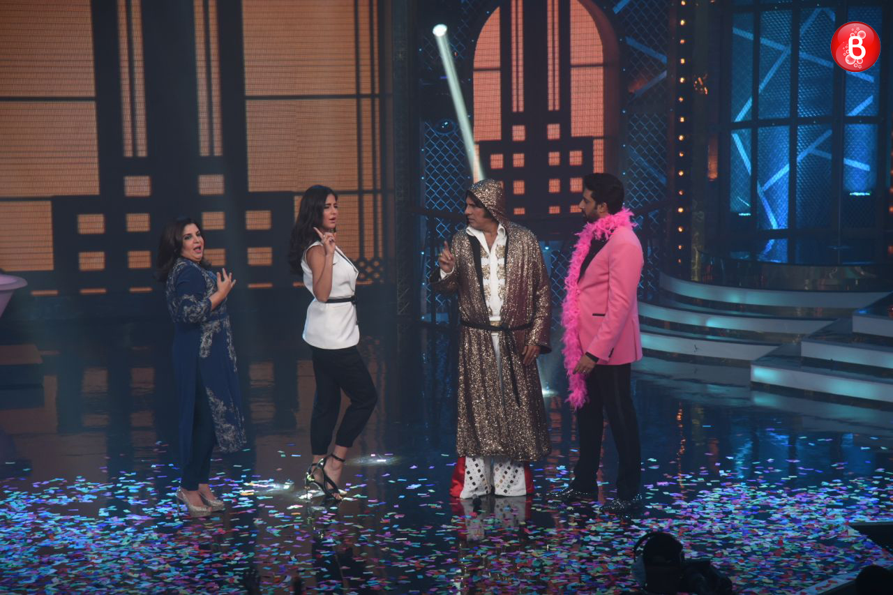 Abhishek Bachchan, Katrina Kaif, Boman Irani and Farah Khan on 'Lip Sing Battle' sets