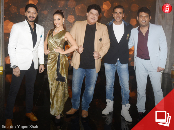 Akshay Kumar, Kapil Sharma, Sajid Khan, Shreyas Talpade and Elli AvrRam on 'The Great Indian Laughter Challenge' sets