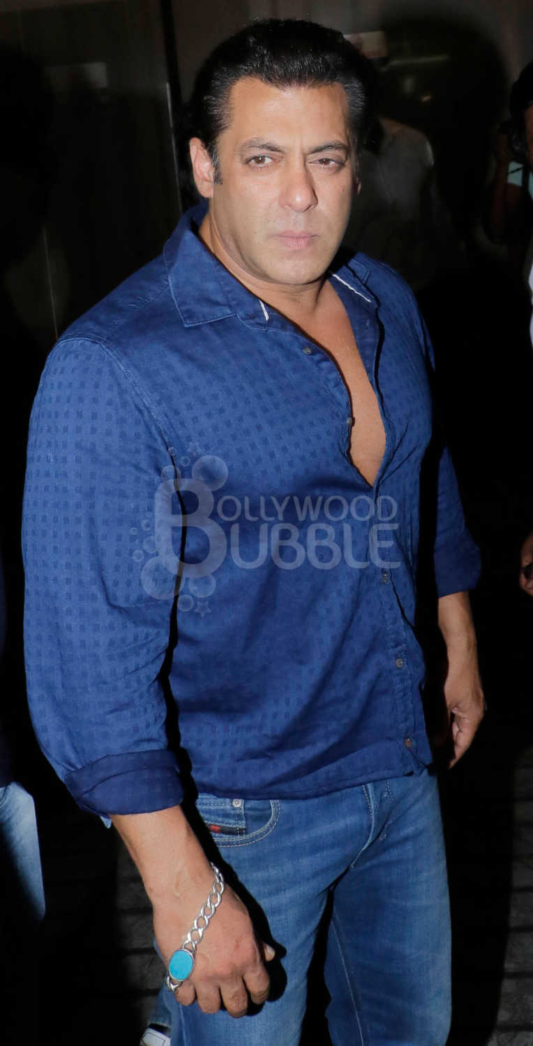 Salman Khan opted for a blue checkered shirt for his action-thriller's screening.
