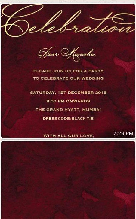 Deepika Padukone and Ranveer Singh wedding reception card