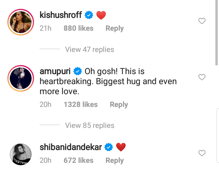 celebs comments on Rhea's post for ssr 