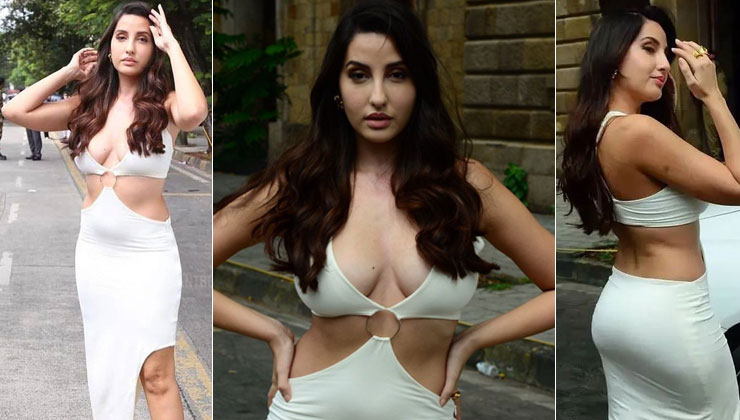 nora fatehi white cut out dree, nora looking hot in white cut out dress,