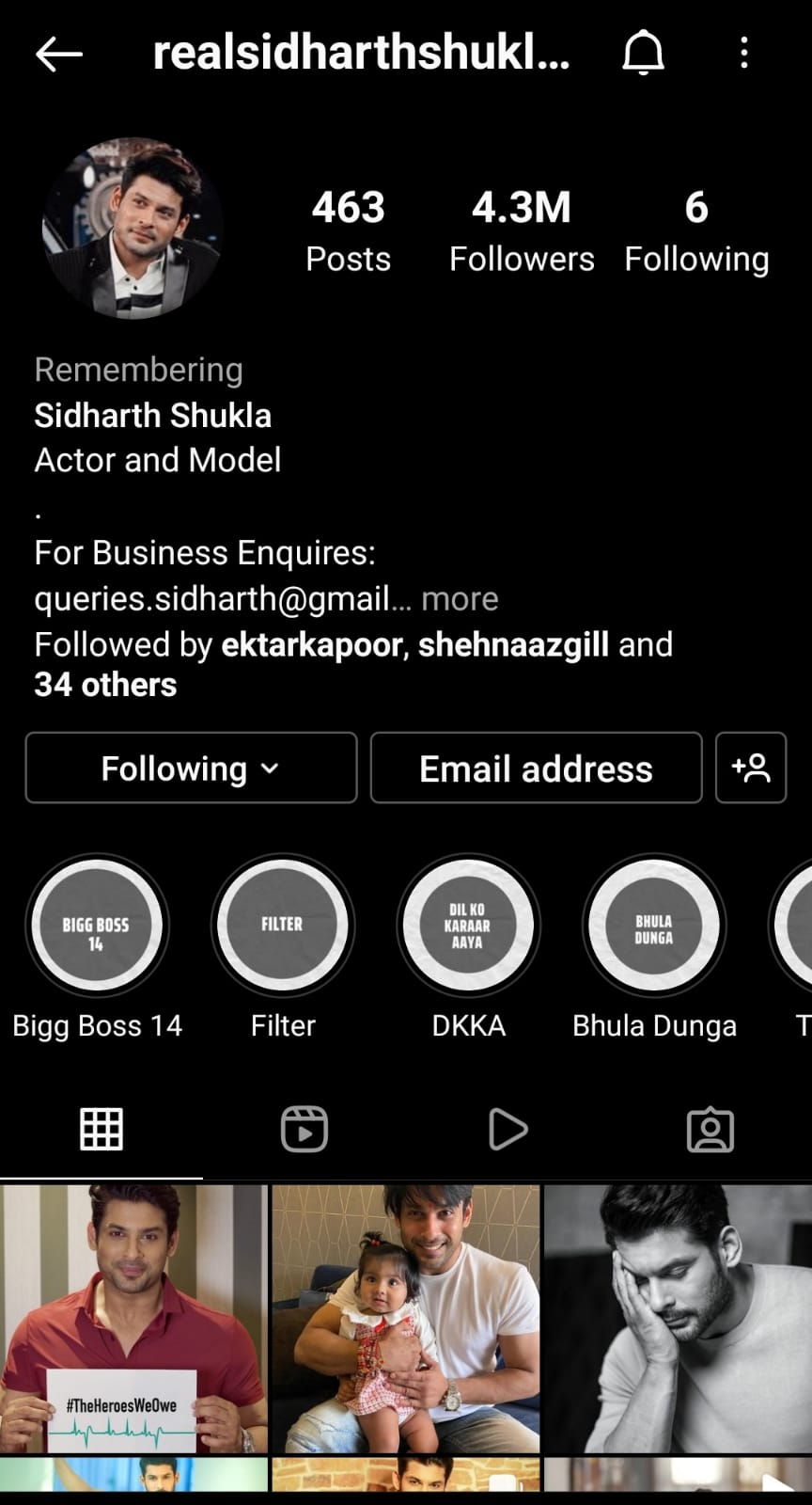 Sidharth Shukla Instagram profile