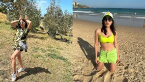 sara ali khan, sara ali khan bikini, sara ali khan poses in a neon bikini,