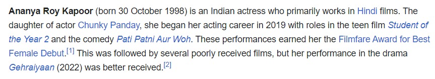 Ananya Panday's Wikipedia page