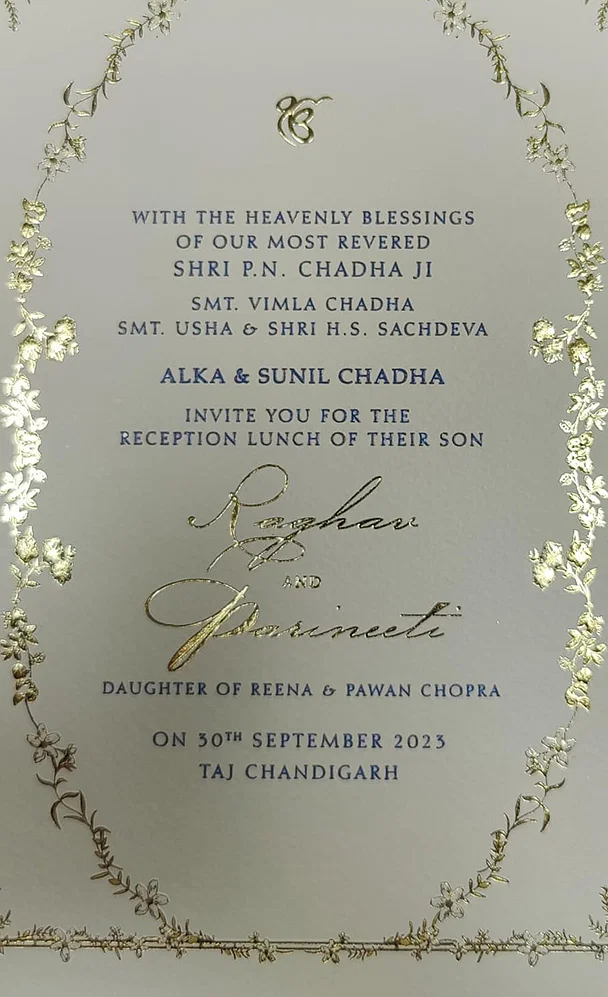 Parineeti Chopra Raghav Chadha wedding reception invite
