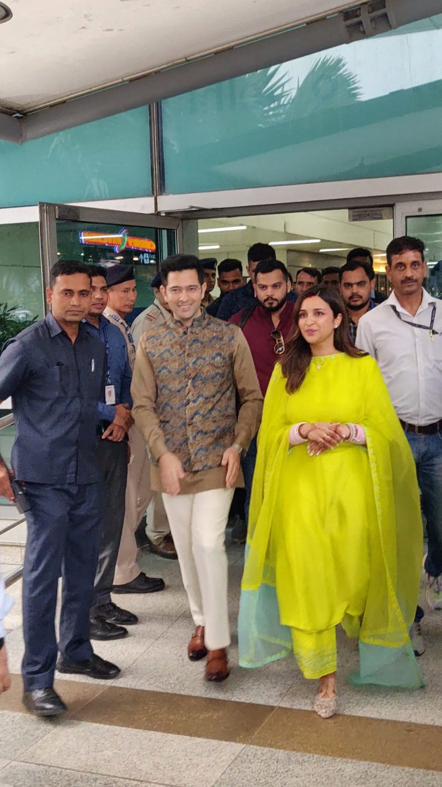 Parineeti in a lemon yellow kurta and palazzo