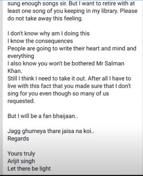 Arijit-Singh's apology letter to Salman Khan