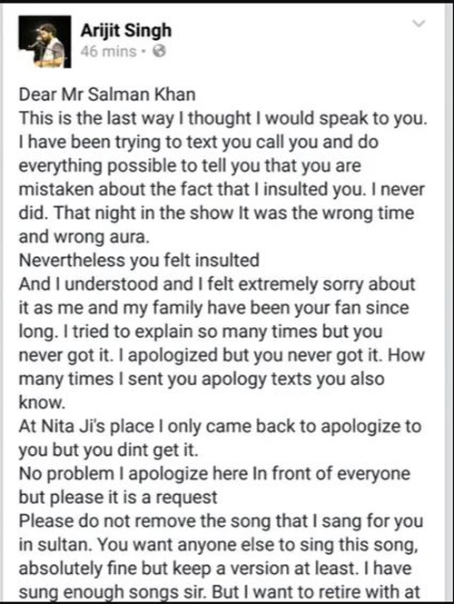 Arijit Singh's apology letter