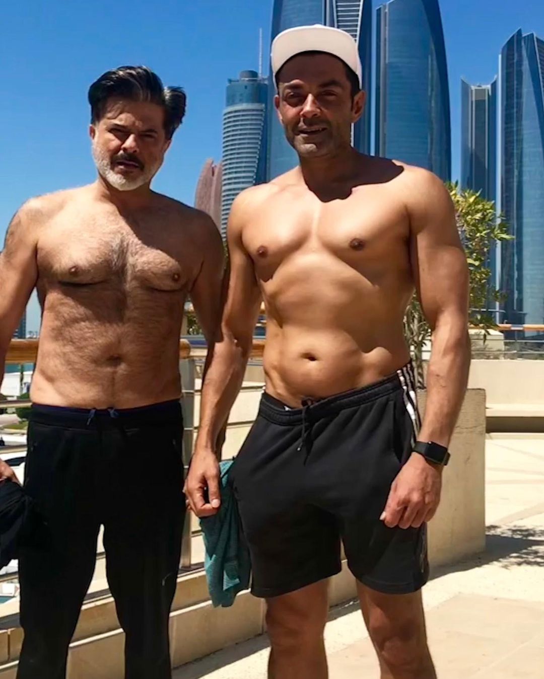 Animal stars Anil Kapoor and Bobby Deol pose for a picture
