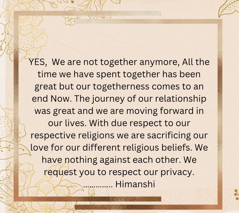 Himanshi Khurrana shares note confirming break up