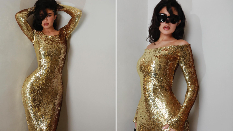 Kylie Jenner dazzles in gold shimmery outfit