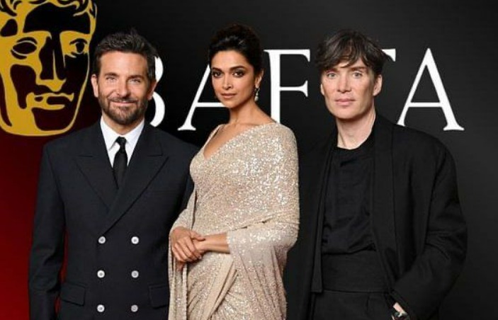 Deepika Padukone poses with Bradley Cooper and Cillian Murphy