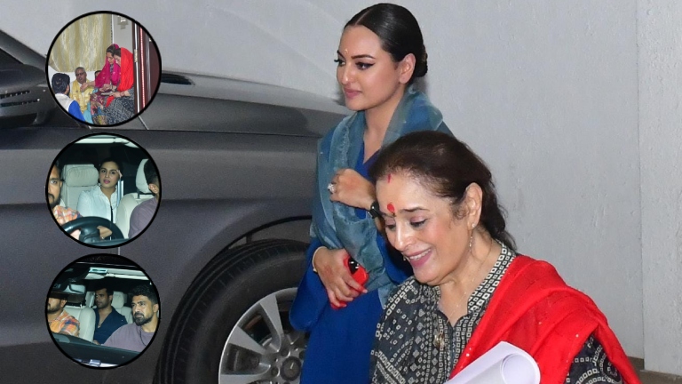 sonakshi sinha pre-wedding puja, sonakshi sinha, zaheer iqbal, sonakshi sinha zaheer iqbal, sonakshi sinha zaheer iqbal wedding, huma qureshi, saqib saleem, poonam sinha,