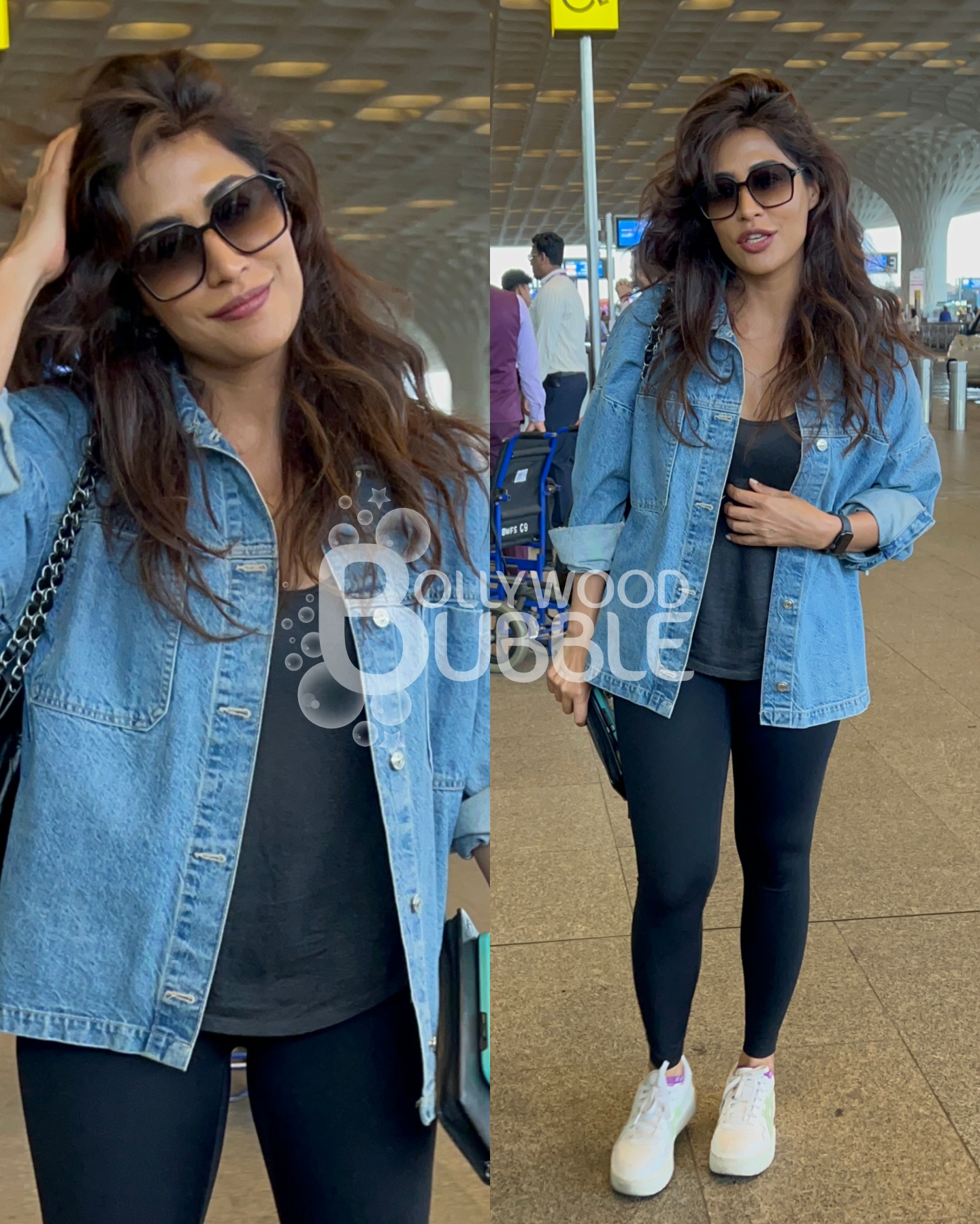 Chitrangada Singh looks effortlessly stylish in black and a denim jacket at Mumbai airport