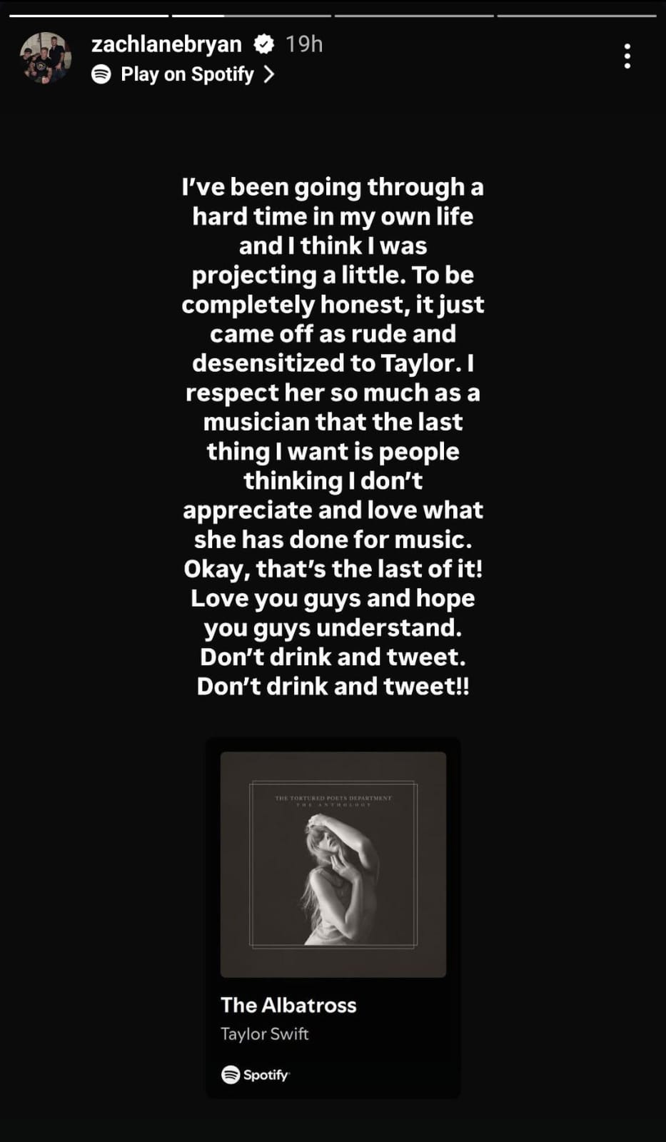 Zach Bryan apologises Swifties