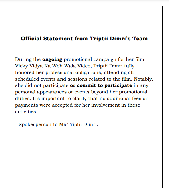 Triptii Dimri released an official statement