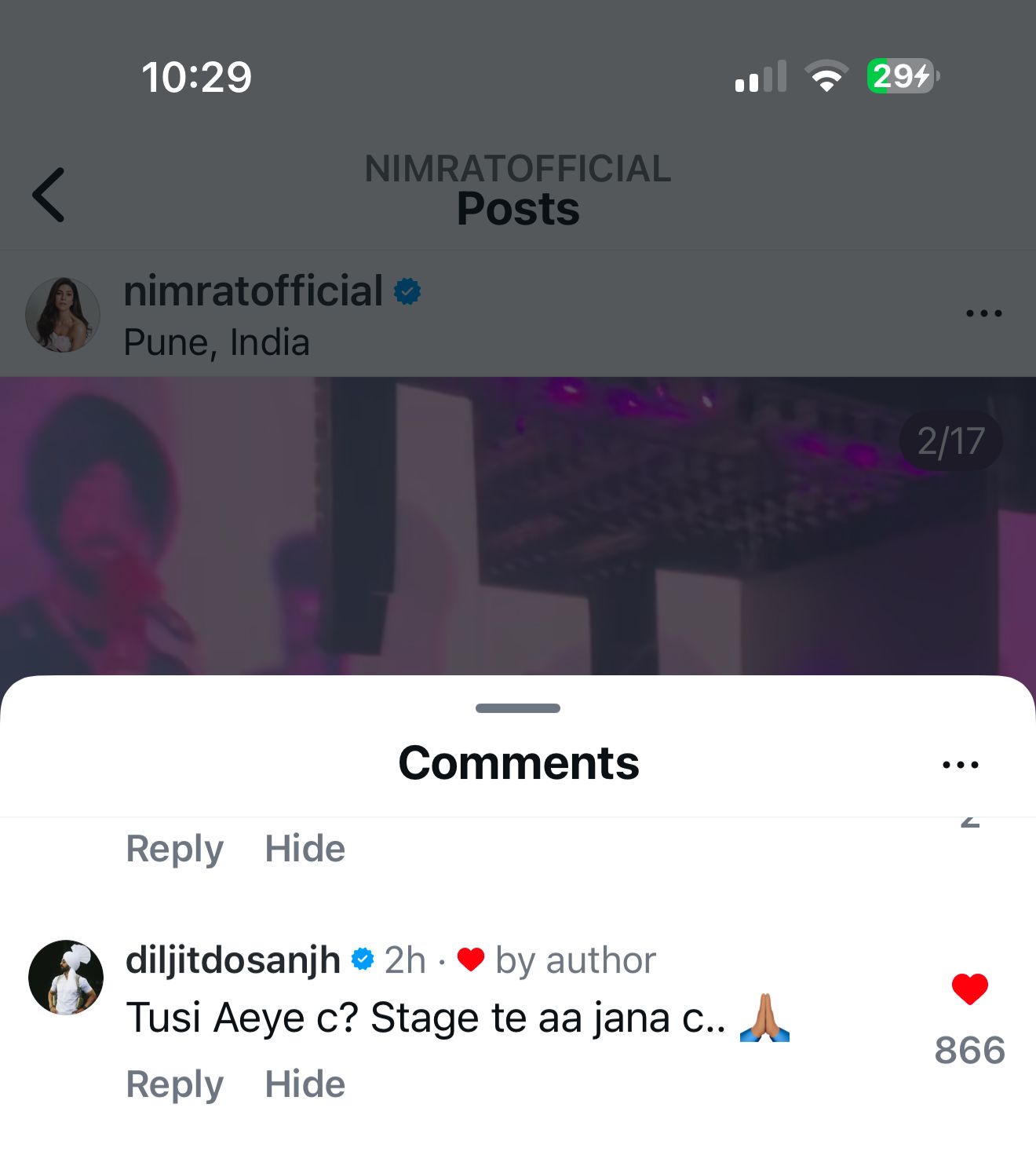 Diljit Dosanjh's comment on Nimrat Kaur's post